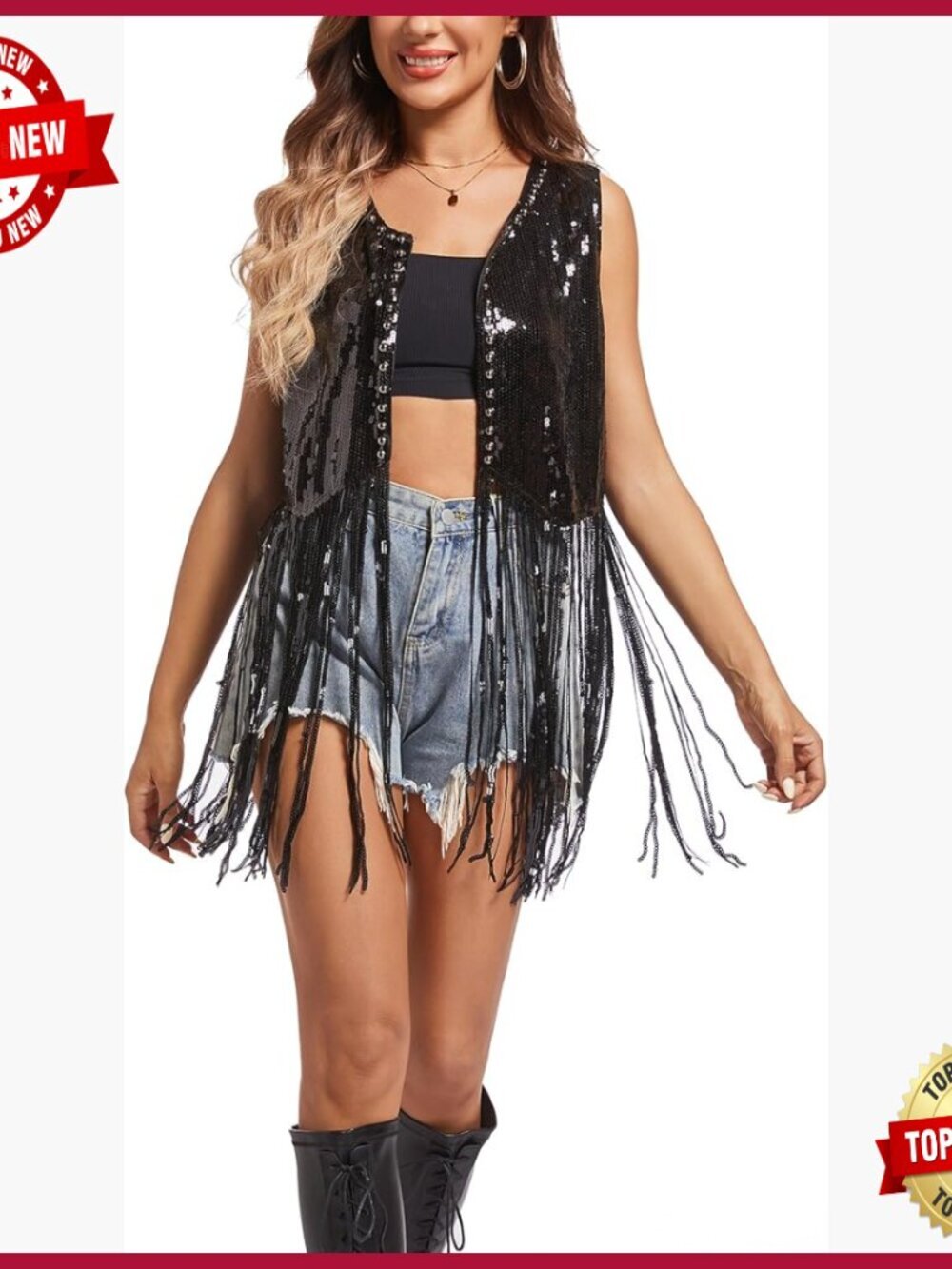 Sequin Fringe Vest Sleeveless Open Front Tassel Jacket Party Top - Picture 1 of 5
